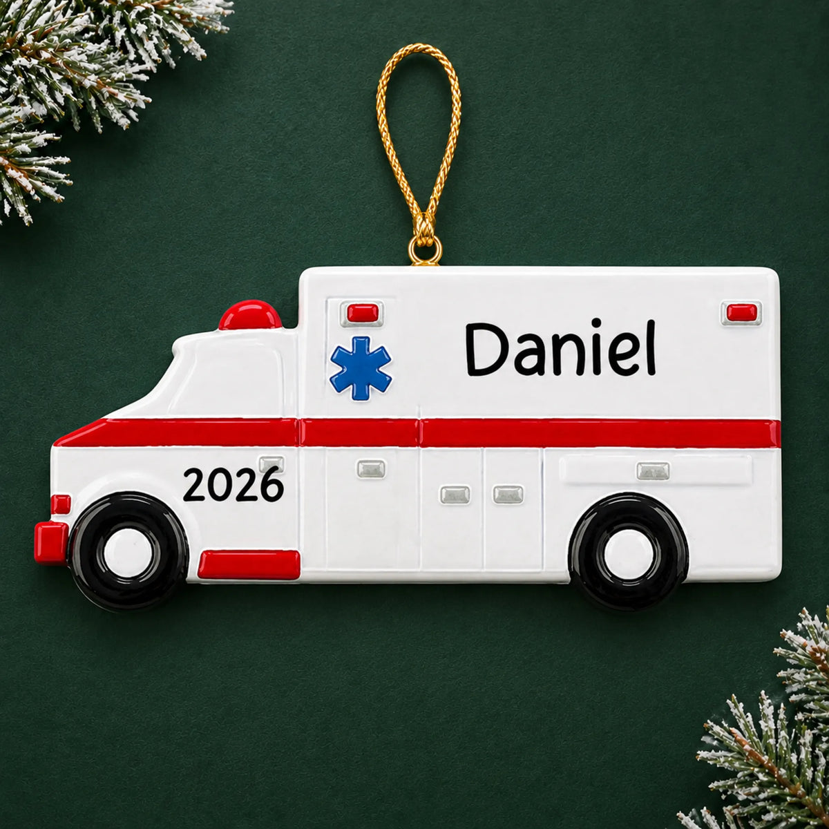 Personalized ambulance christmas ornament on a dark green pine background