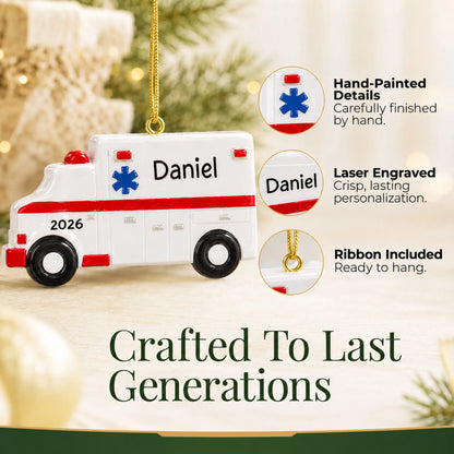 Hand-painted details and laser engraved personalization on the ambulance christmas ornament, ribbon included