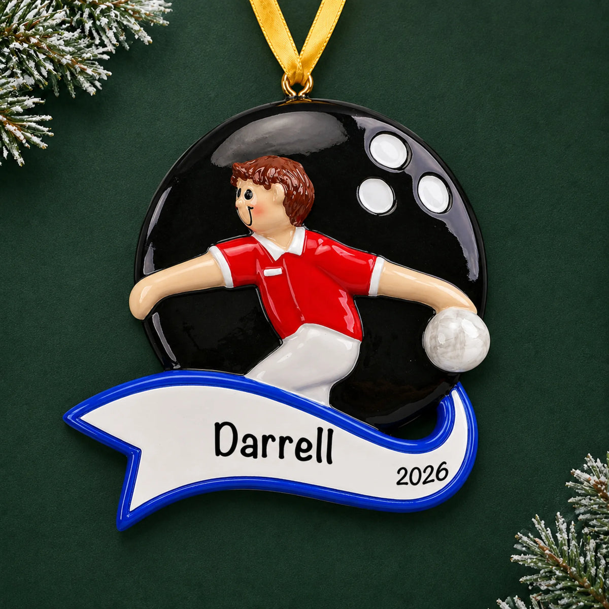 Personalized bowling guy christmas ornament on a dark green pine background