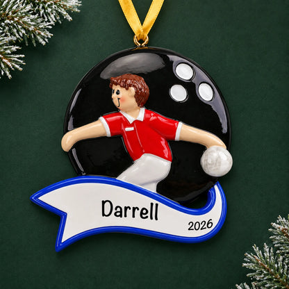 Personalized bowling guy christmas ornament on a dark green pine background