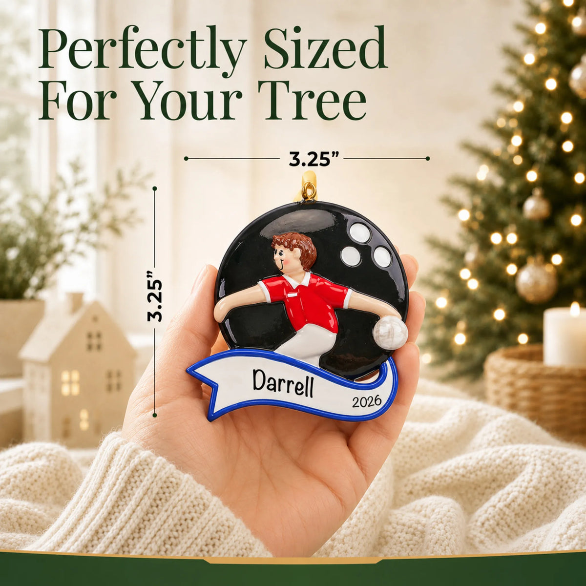 Size guide: the personalized bowling guy christmas ornament shown in hand next to a Christmas tree