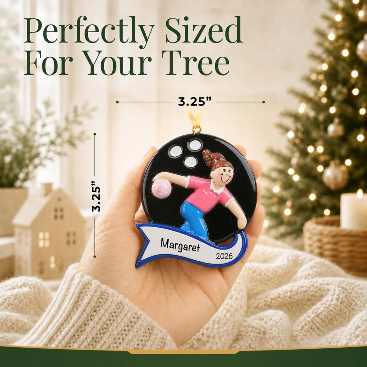 Size guide: the personalized bowling girl christmas ornament shown in hand next to a Christmas tree