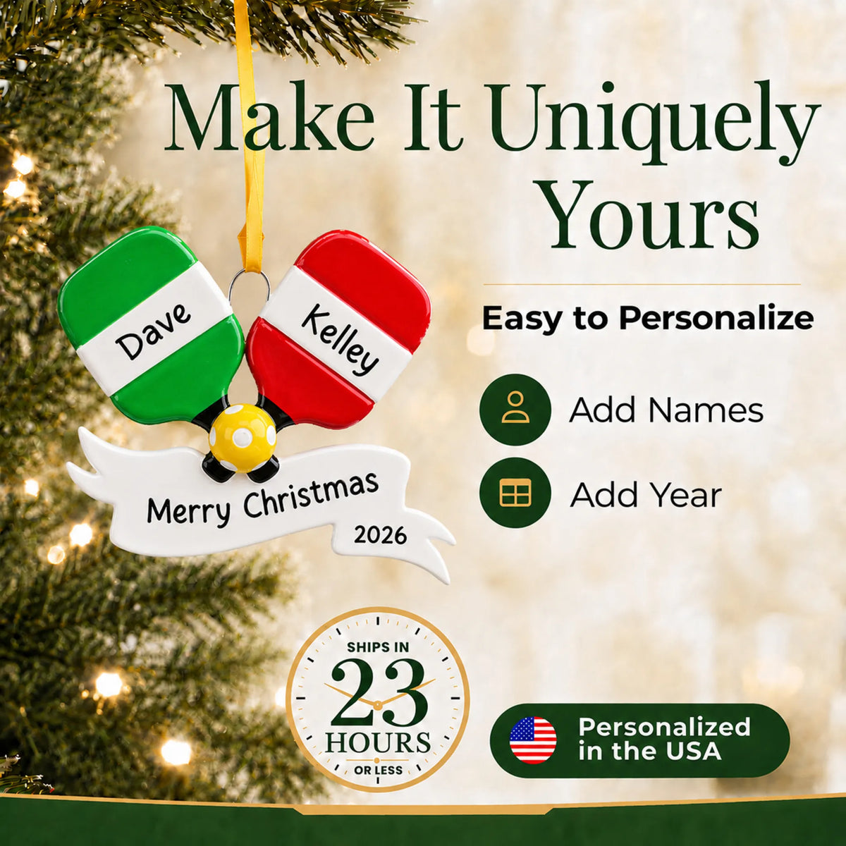 Make it yours: add names and year to the personalized pickleball paddles christmas ornament