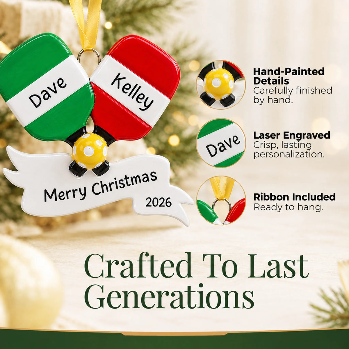 Hand-painted details and laser engraved personalization on the pickleball paddles christmas ornament, ribbon included