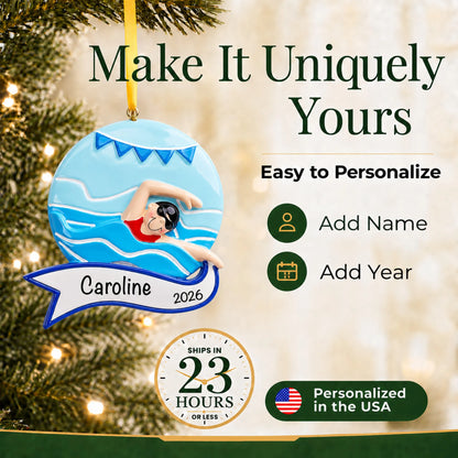 Make it yours: add name and year to the personalized girl swimming mid-stroke christmas ornament