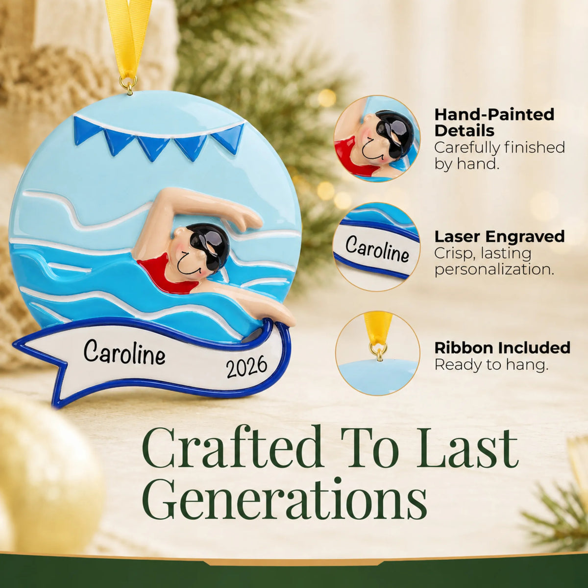Hand-painted details and laser engraved personalization on the girl swimming mid-stroke christmas ornament, ribbon included