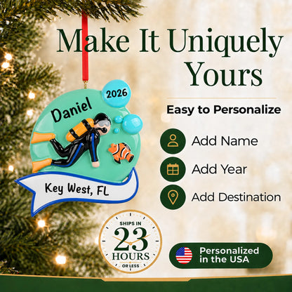 Make it yours: add name, year and destination to the personalized scuba diver christmas ornament