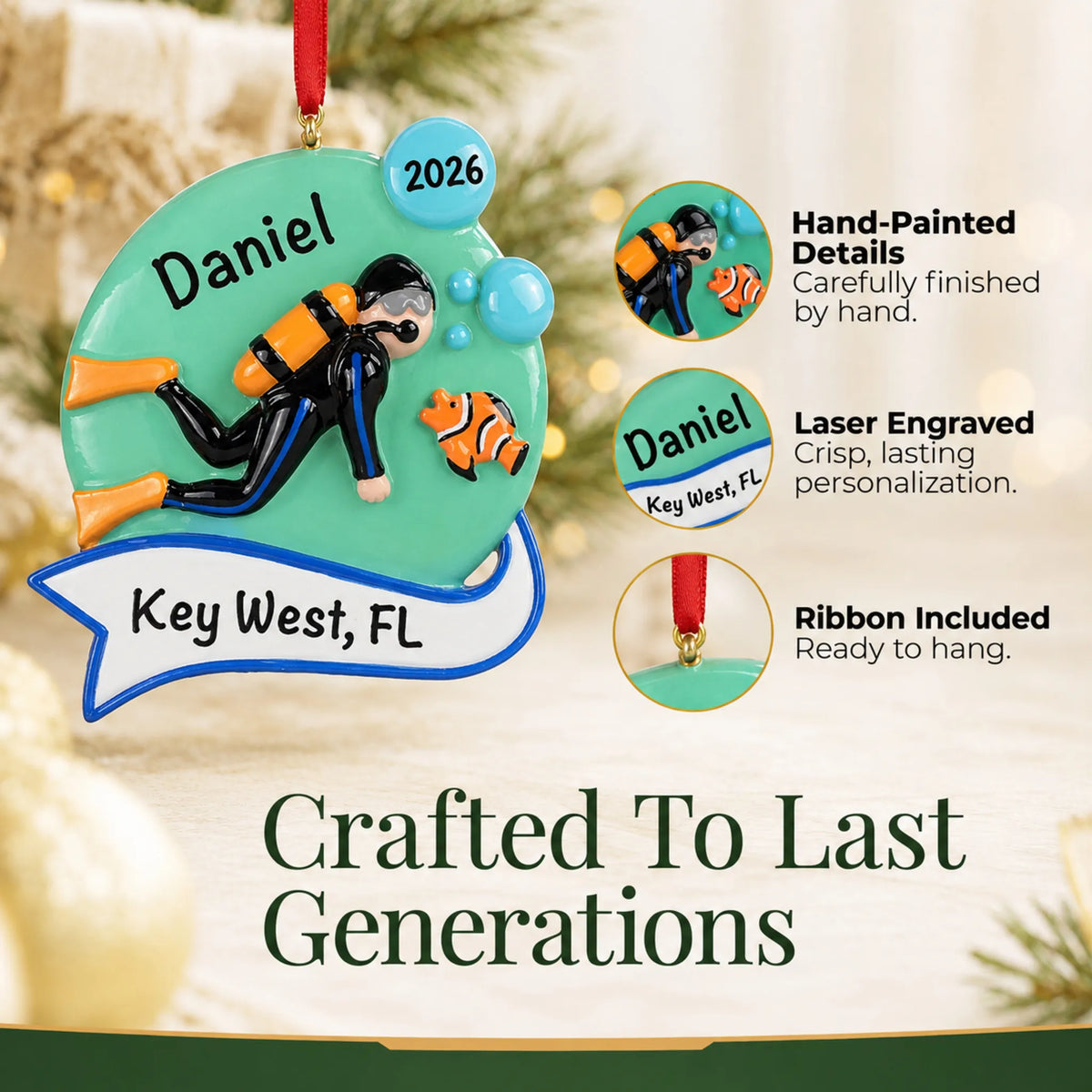 Hand-painted details and laser engraved personalization on the scuba diver christmas ornament, ribbon included