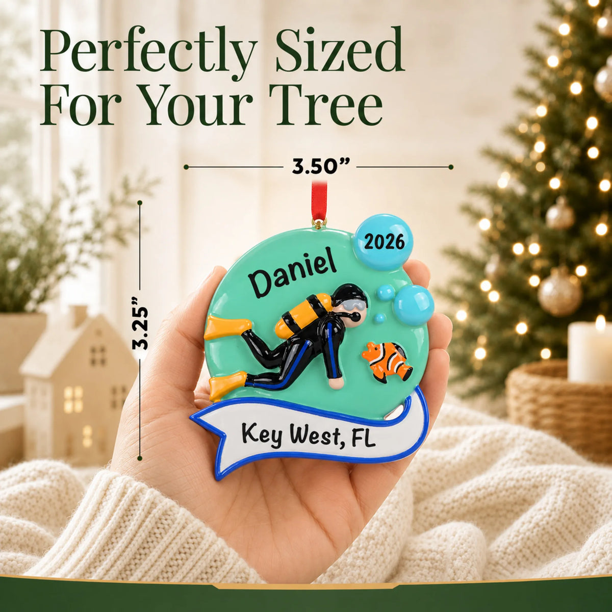 Size guide: the personalized scuba diver christmas ornament is 3.50 in wide by 3.25 in tall, shown in hand