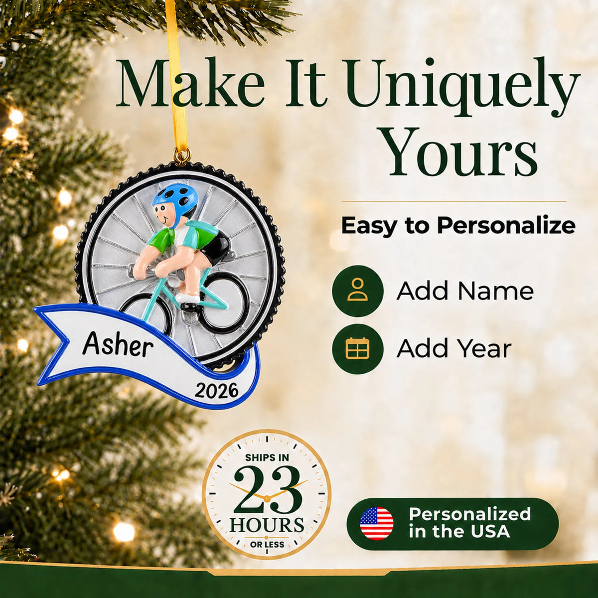 Make it yours: add name and year to the personalized cycling boy christmas ornament