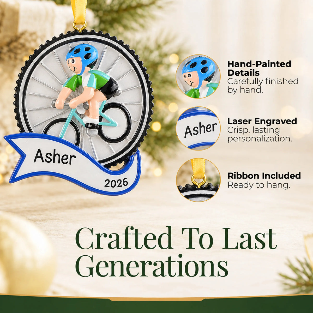 Hand-painted details and laser engraved personalization on the cycling boy christmas ornament, ribbon included