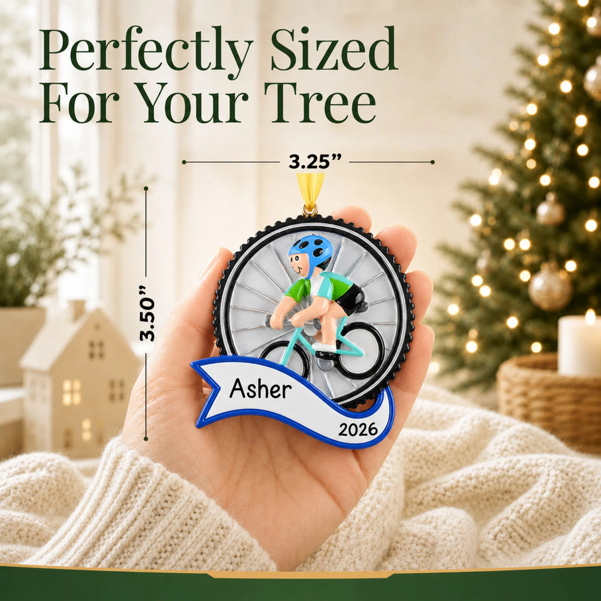 Size guide: the personalized cycling boy christmas ornament shown in hand next to a Christmas tree