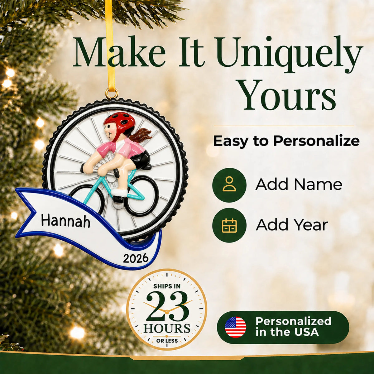 Make it yours: add name and year to the personalized cycling girl christmas ornament
