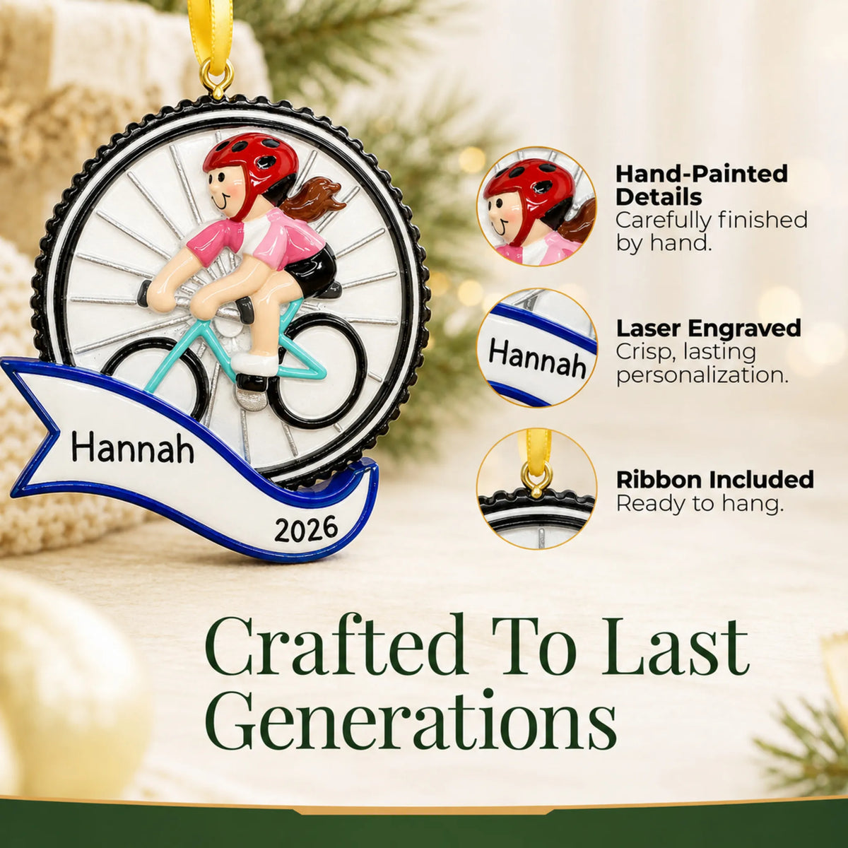 Hand-painted details and laser engraved personalization on the cycling girl christmas ornament, ribbon included