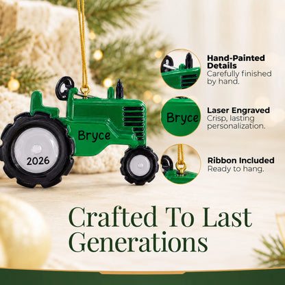 Hand-painted details and laser engraved personalization on the green tractor christmas ornament, ribbon included