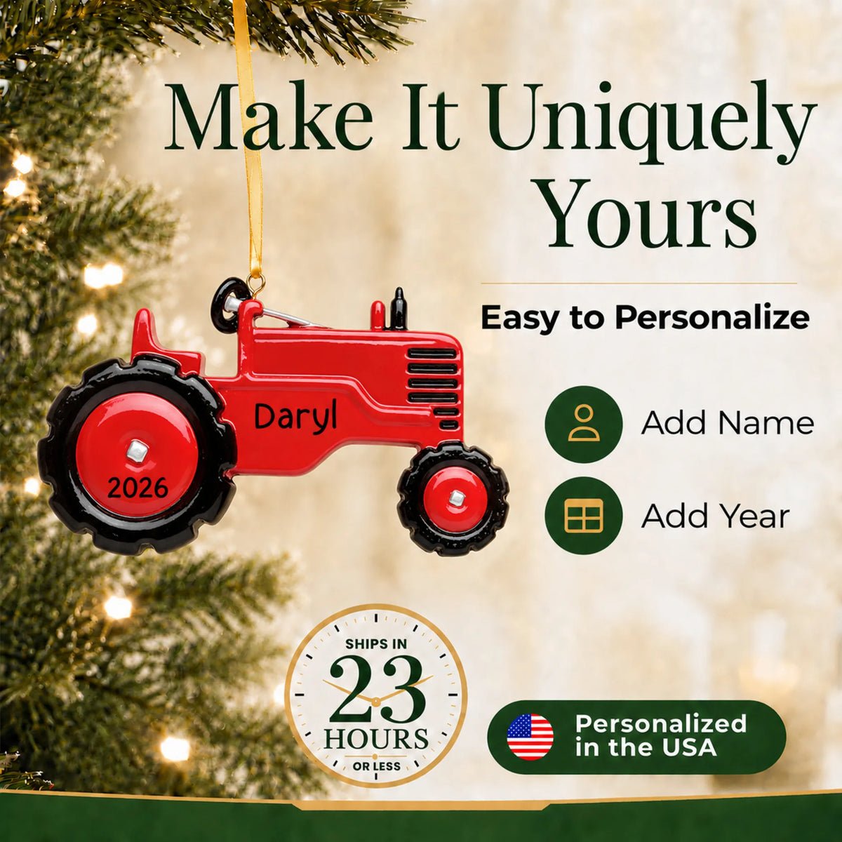 Make it yours: add name and year to the personalized red tractor christmas ornament