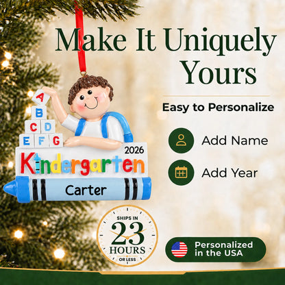 Personalize the kindergarten boy Christmas ornament with your details, ships in 23 hours, personalized in the USA