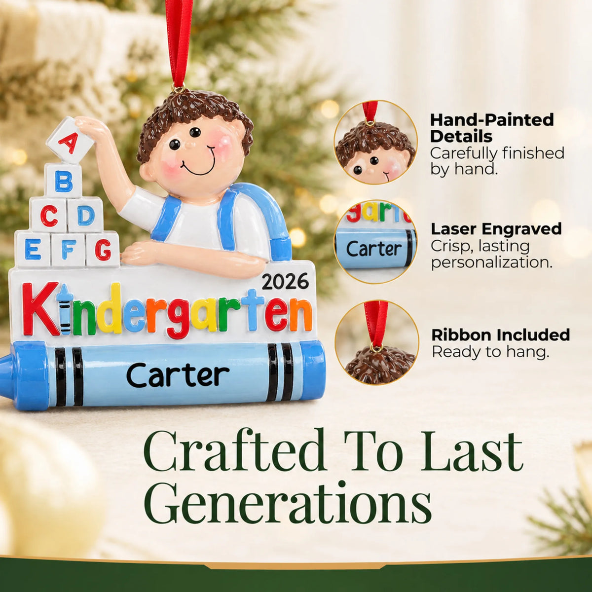 Close-up of the kindergarten boy Christmas ornament: hand-painted finish, laser engraving, ribbon included