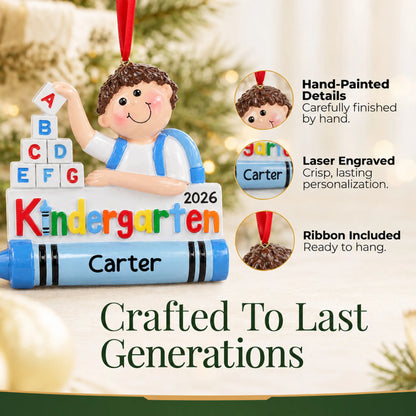 Close-up of the kindergarten boy Christmas ornament: hand-painted finish, laser engraving, ribbon included