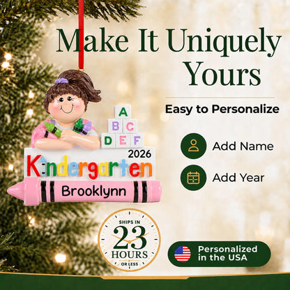 Personalize the kindergarten girl Christmas ornament with your details, ships in 23 hours, personalized in the USA