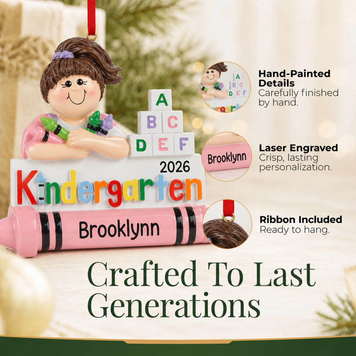 Close-up of the kindergarten girl Christmas ornament: hand-painted finish, laser engraving, ribbon included