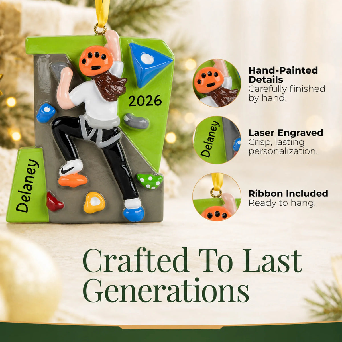 Hand-painted details and laser engraved personalization on the girl rock climber christmas ornament, ribbon included