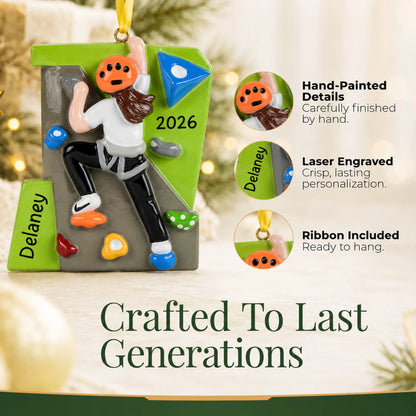 Hand-painted details and laser engraved personalization on the girl rock climber christmas ornament, ribbon included