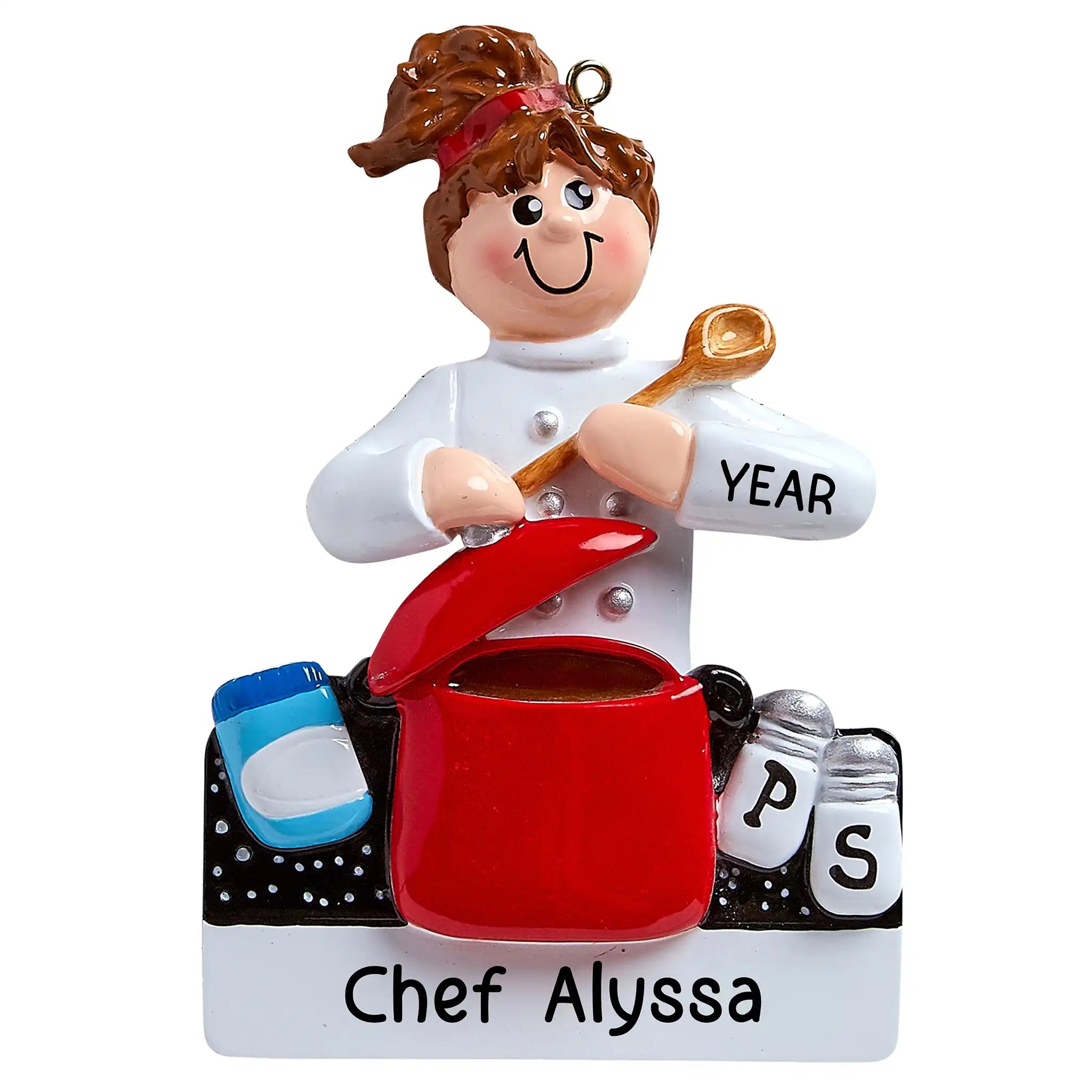 Christmas ornament of a cook stirring a pot with salt & pepper, personalized name and year