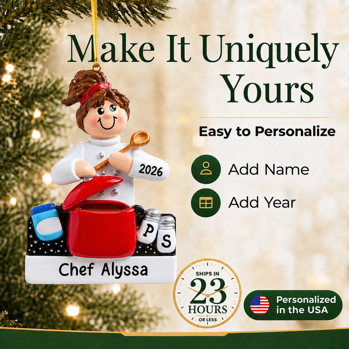 Make it yours: add name and year to the personalized chef christmas ornament