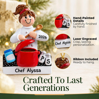 Hand-painted details and laser engraved personalization on the chef christmas ornament, ribbon included