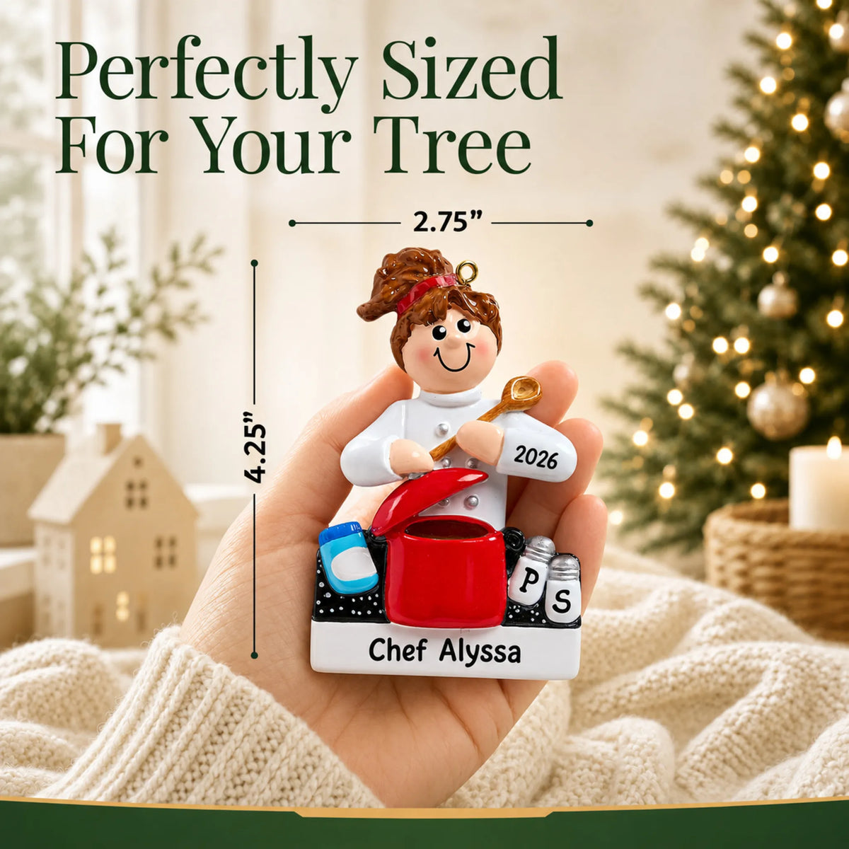 Size guide: the personalized chef christmas ornament is 2.75 in wide by 4.25 in tall, shown in hand