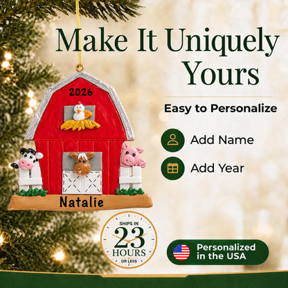 Make it yours: add name and year to the personalized red barn farm animals christmas ornament