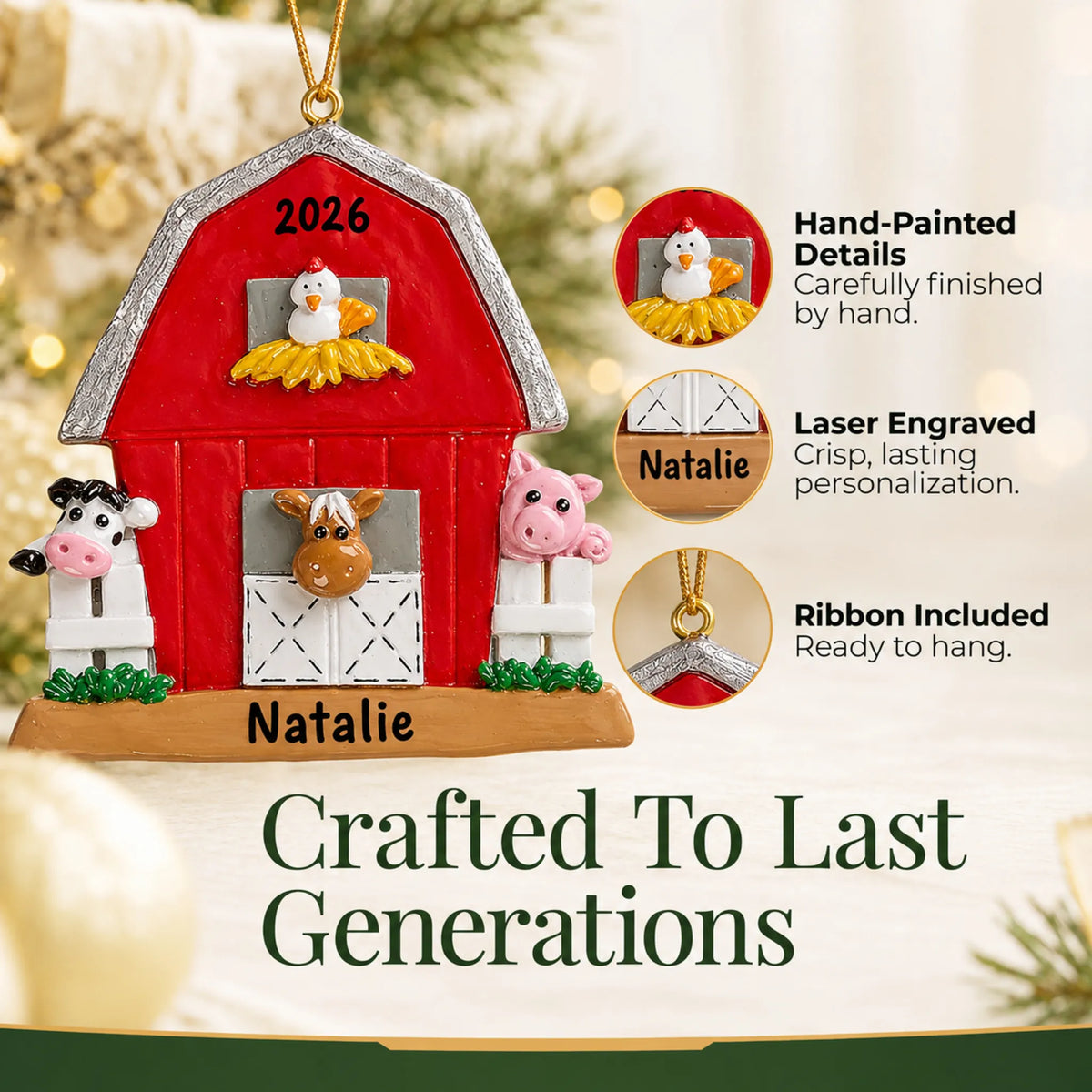 Hand-painted details and laser engraved personalization on the red barn farm animals christmas ornament, ribbon included