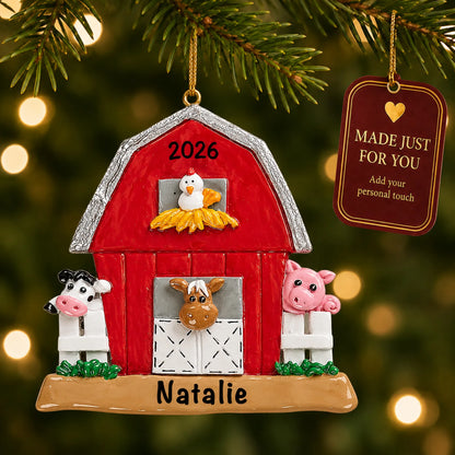Red barn farm animals christmas ornament hanging on a lit Christmas tree with a Made Just For You gift tag