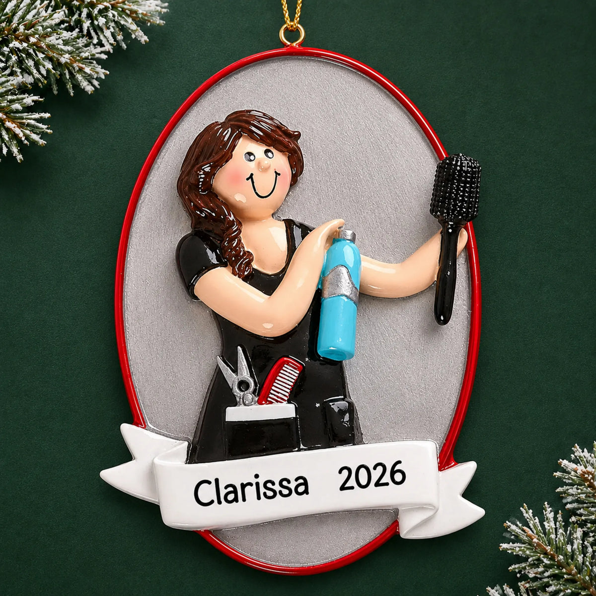 Personalized cosmetologist christmas ornament on a dark green pine background
