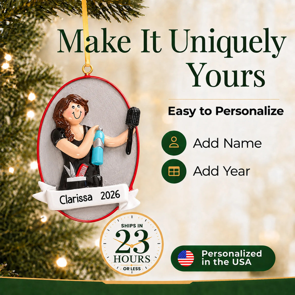Make it yours: add name and year to the personalized cosmetologist christmas ornament