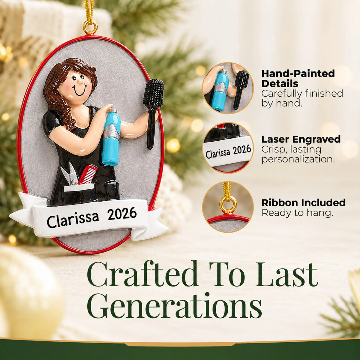 Hand-painted details and laser engraved personalization on the cosmetologist christmas ornament, ribbon included