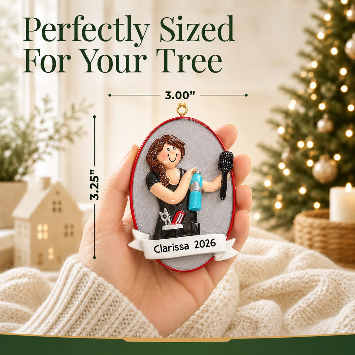 Size guide: the personalized cosmetologist christmas ornament is 3.00 in wide by 3.25 in tall, shown in hand