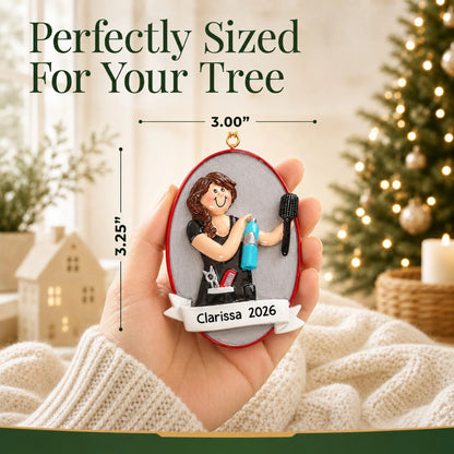 Size guide: the personalized cosmetologist christmas ornament is 3.00 in wide by 3.25 in tall, shown in hand