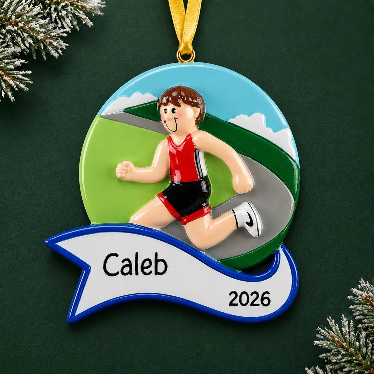 Personalized jogger boy christmas ornament on a dark green pine background