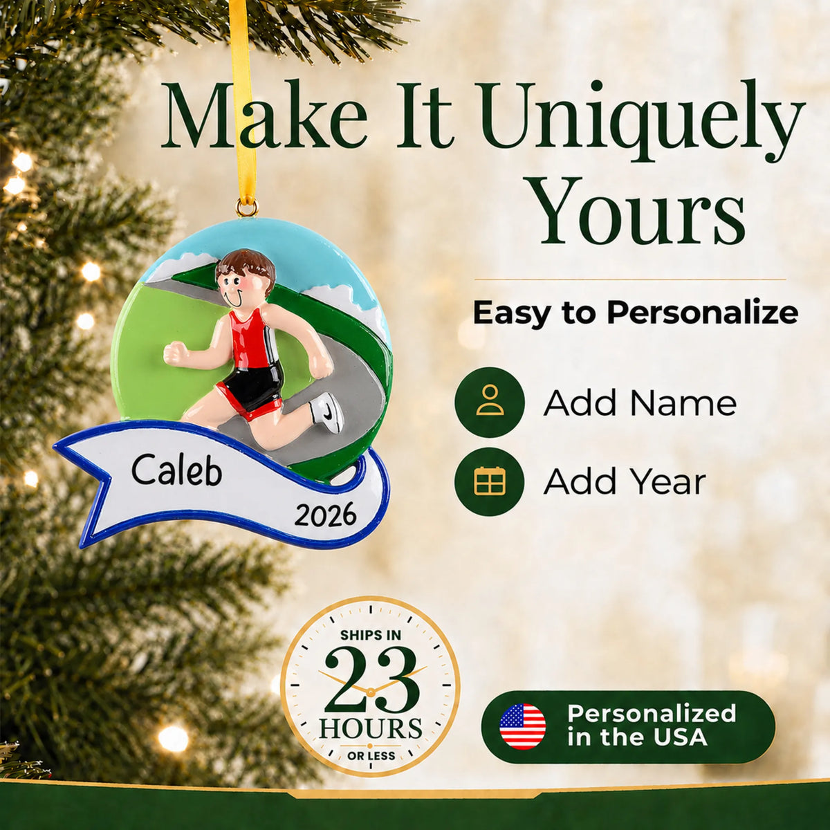 Make it yours: add name and year to the personalized jogger boy christmas ornament