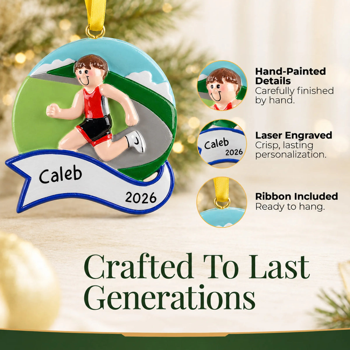 Hand-painted details and laser engraved personalization on the jogger boy christmas ornament, ribbon included