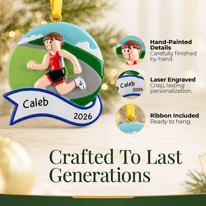 Hand-painted details and laser engraved personalization on the jogger boy christmas ornament, ribbon included
