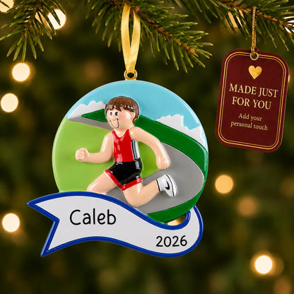 Jogger boy christmas ornament hanging on a lit Christmas tree with a Made Just For You gift tag