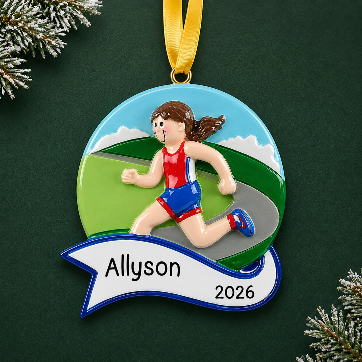 Personalized jogger girl christmas ornament on a dark green pine background