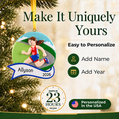 Make it yours: add name and year to the personalized jogger girl christmas ornament