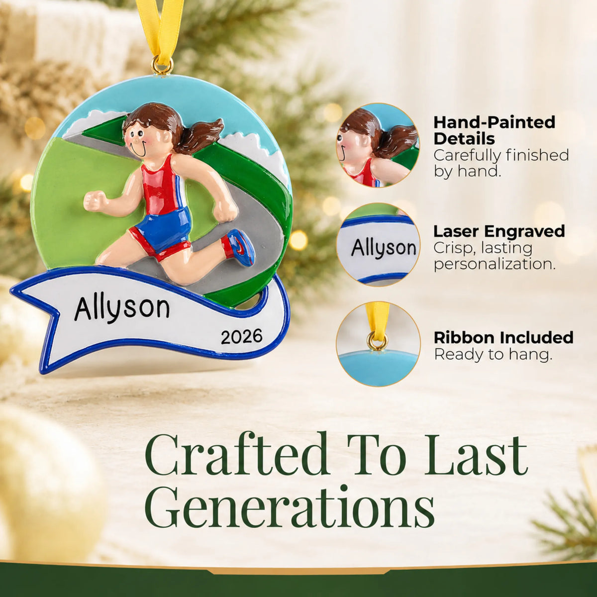 Hand-painted details and laser engraved personalization on the jogger girl christmas ornament, ribbon included
