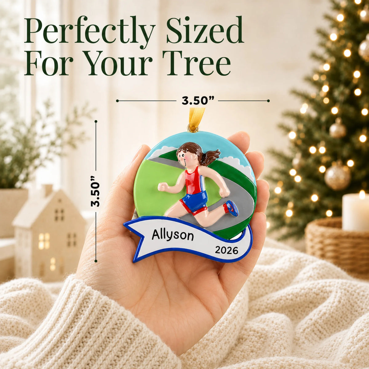 Size guide: the personalized jogger girl christmas ornament is 3.50 in wide by 3.50 in tall, shown in hand
