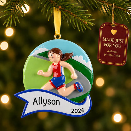 Jogger girl christmas ornament hanging on a lit Christmas tree with a Made Just For You gift tag