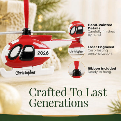 Hand-painted details and laser engraved personalization on the helicopter christmas ornament, ribbon included